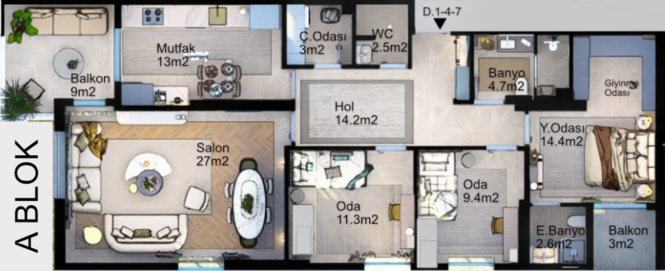 A Blok 3+1 Kat Planı